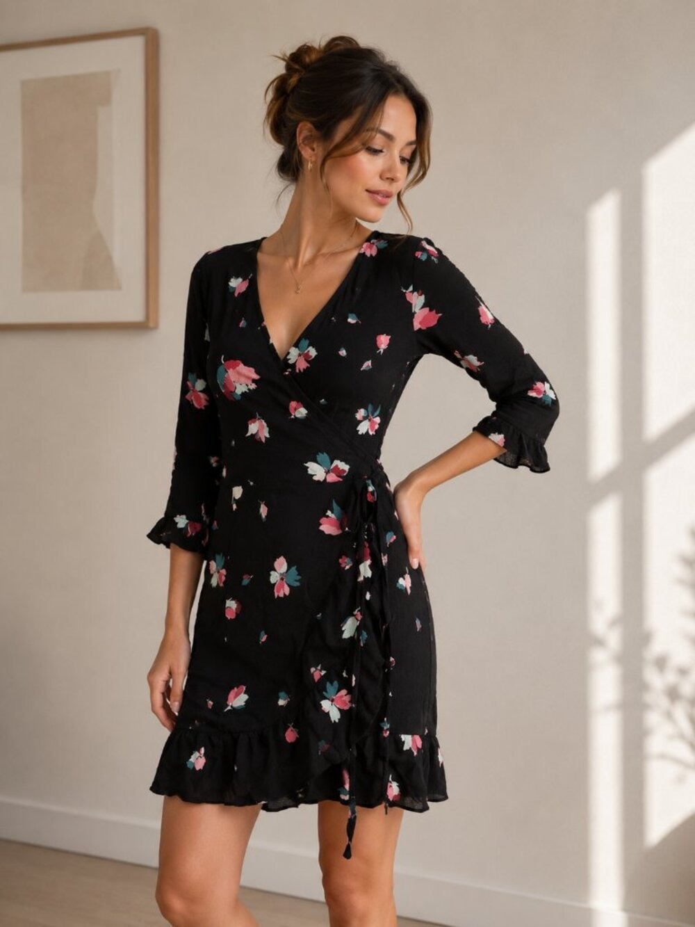 Sézane Elena Black Floral Wrap Mini Dress Long Sleeve Tie Waist Small 0739